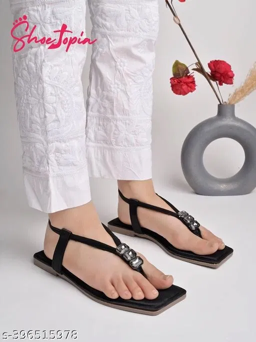 Shoetopia Embellished Sandals (Black, IND-8)