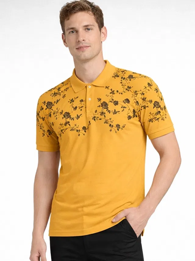 Polo Printed Cotton Blend T-shirt for Men (Mustard, L)