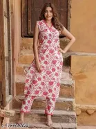 Floral Printed Sleeveless Kurti with Bottom Kurta Set for Women 