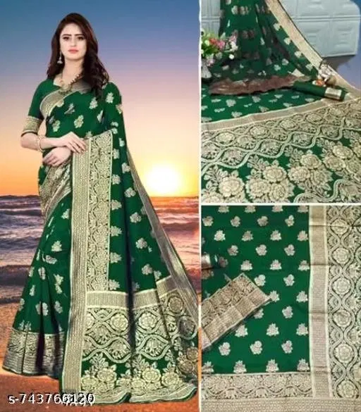 Kanjivaram Soft Banarasi Silk Saree for Women (Green, Free Size)