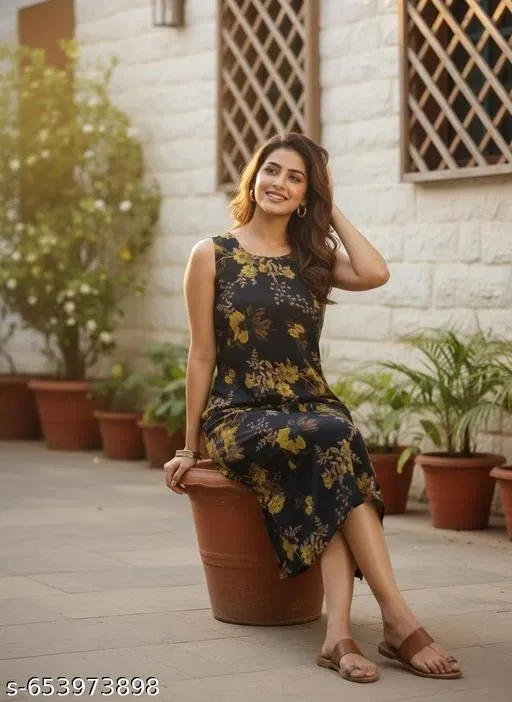 Floral Printed Kurti for Women (Black, L)