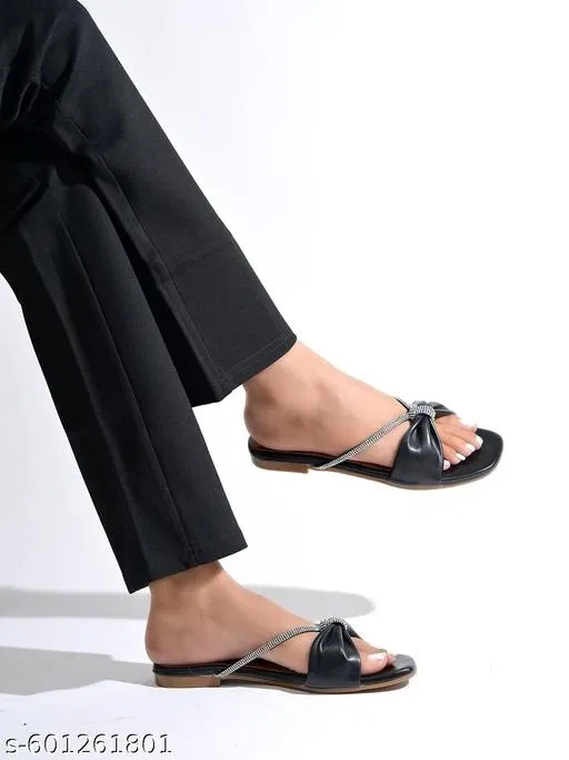 Shoetopia Embellished Flat Sandals - Black (IND-6)