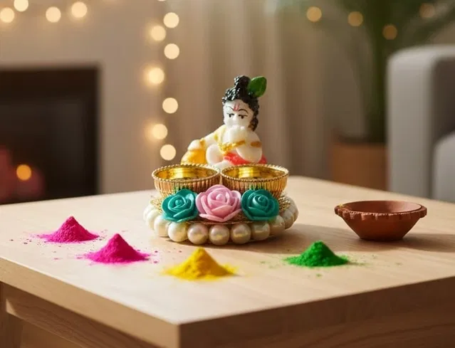 Metal Decoretive Pooja Thali, Multicolour Pack of 1