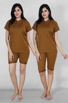 Polycotton Solid T-shirt with Shorts & Capri for Women (Brown, L)