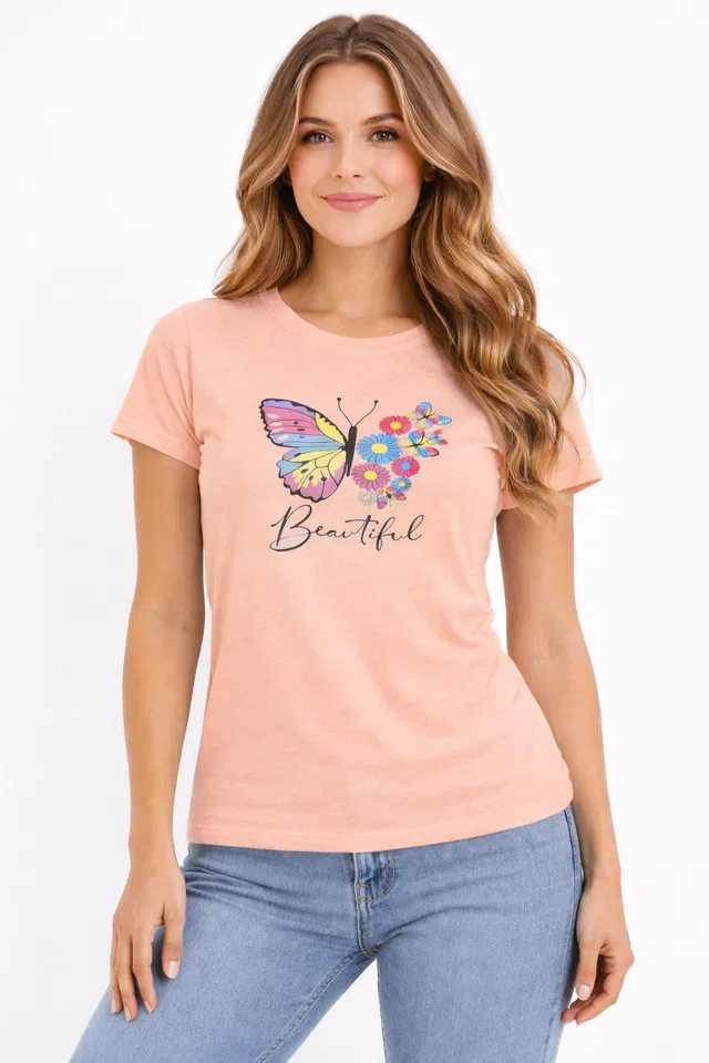 Cotton Blend Printed T-shirt for Men, Peach (XL)
