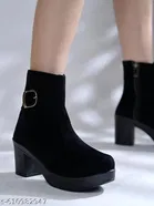 Shoetopia Solid Suede Mid-Top Heeled Boots Black 