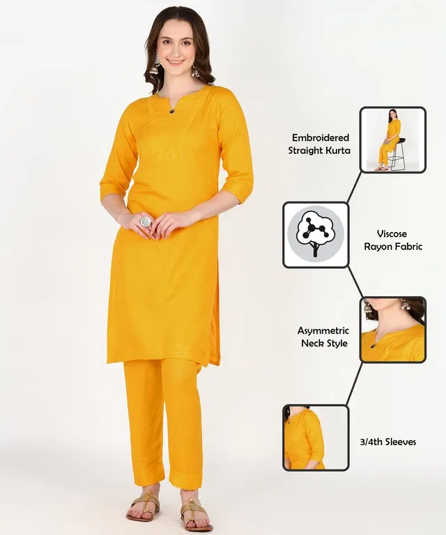 Rayon Solid Kurti for Women (Yellow, L)