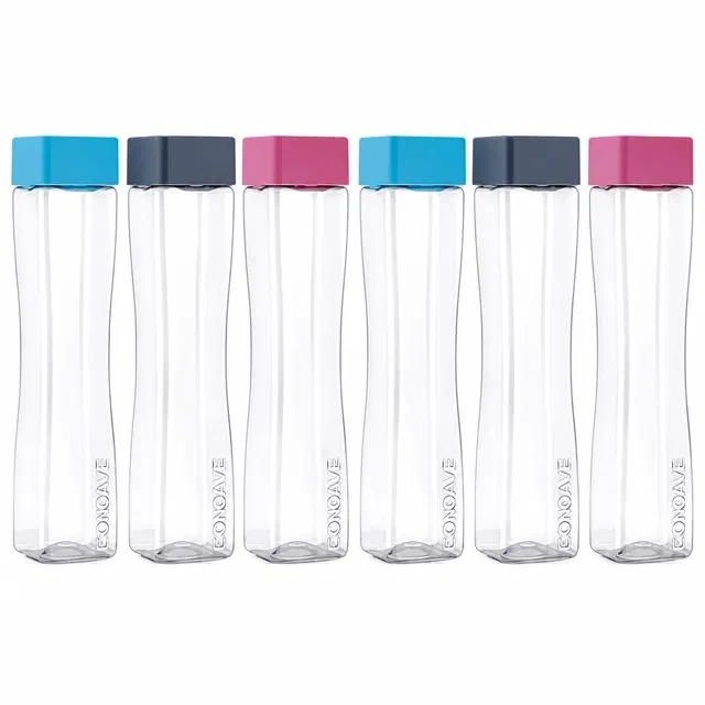 KS Concave Plastic water bottle With Square Cap, Square Shape Water Bottle For Gym, School, Office (Multicolor, Pack of 6)