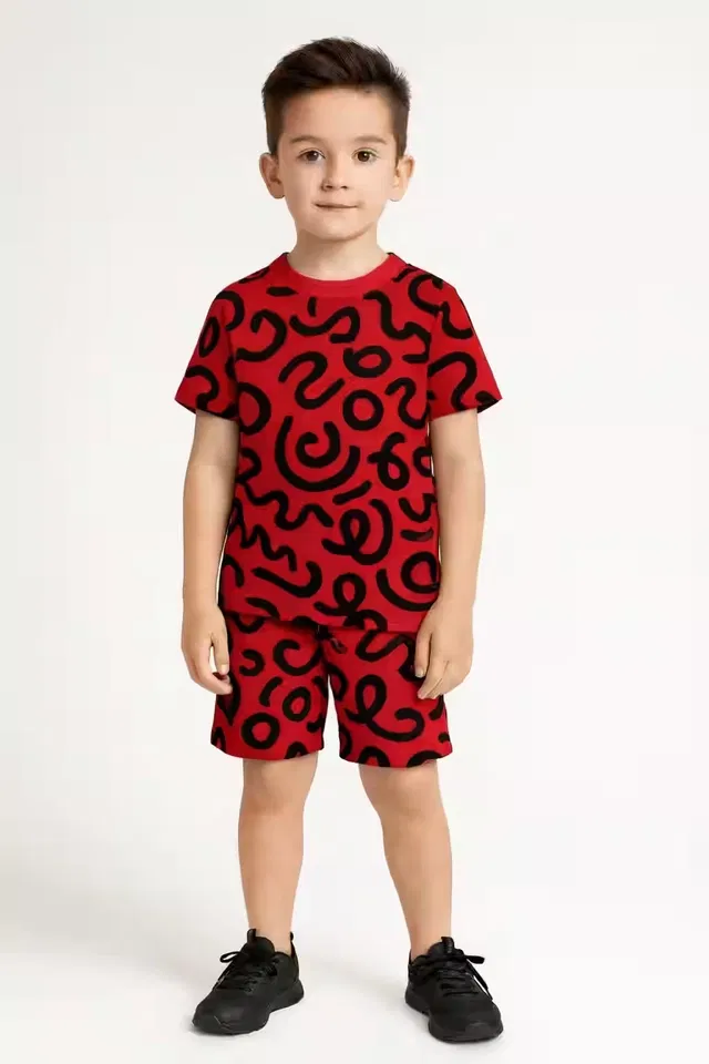 Cotton Geometric Print Clothing Set for Boys, Red (0-3 Months)