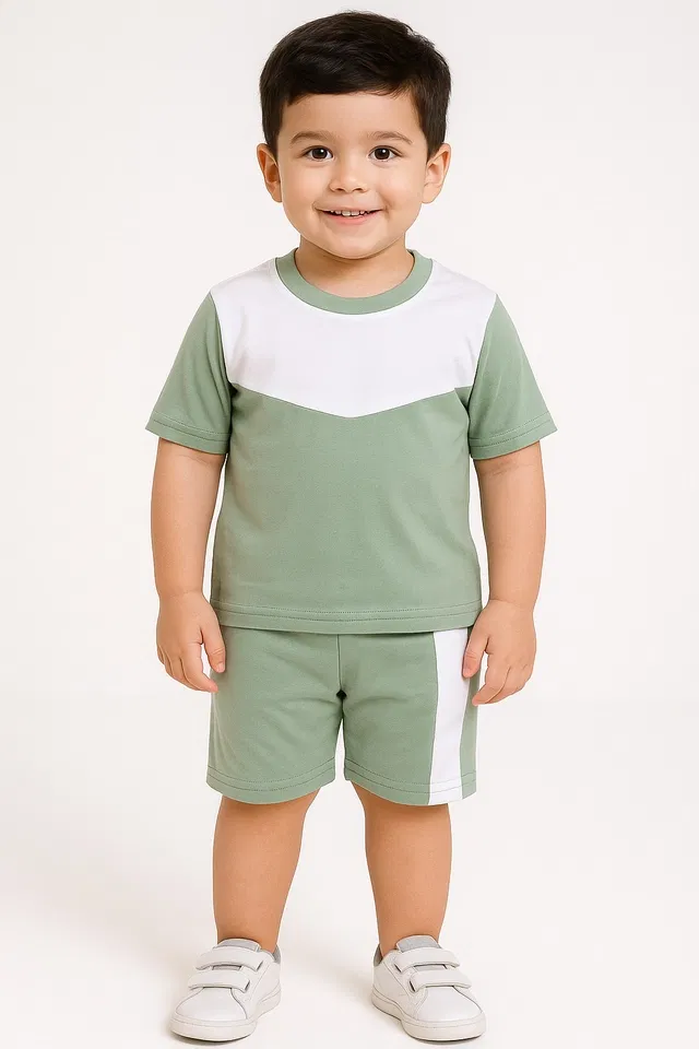 Solid Cotton Blend Top & Bottom Set for Boys (Pista, 1-2 YR)