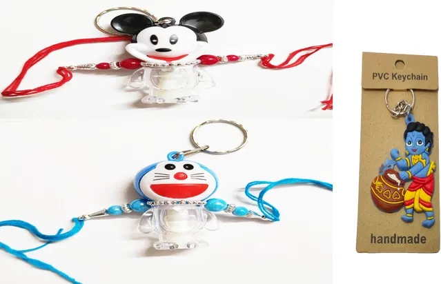 Plastic Doraemon & Mickey Light Kids Rakhi with Khana Keychain (Multicolor, Pack of 3)