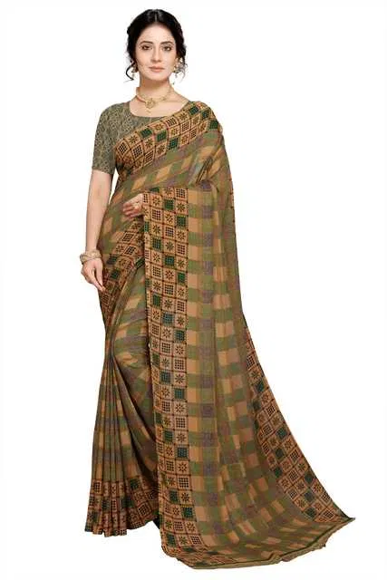 Kanooda Prints Georgette Women Saree With Un-stitched Blouse (Mehendi) (KP-8)