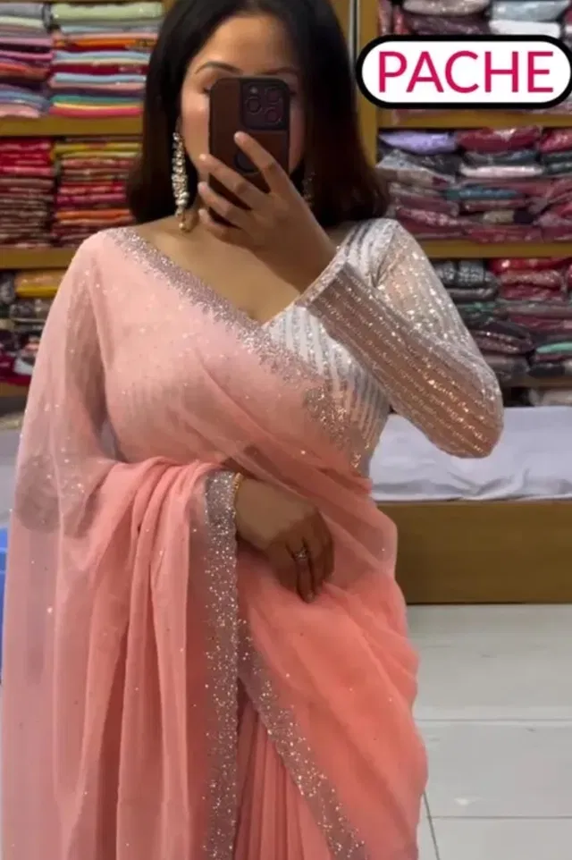 Georgette Embellished Saree for Women (Peach, 6.3 m)