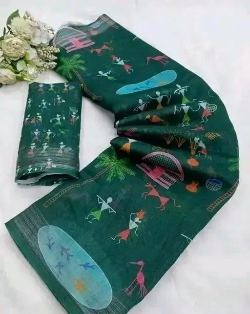 Cotton Linen Printed Saree for Women (Green, 6.3 m)