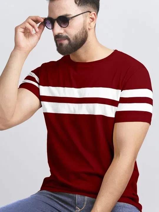 Round Neck Striped T-Shirt for Men (Maroon & White, XL)