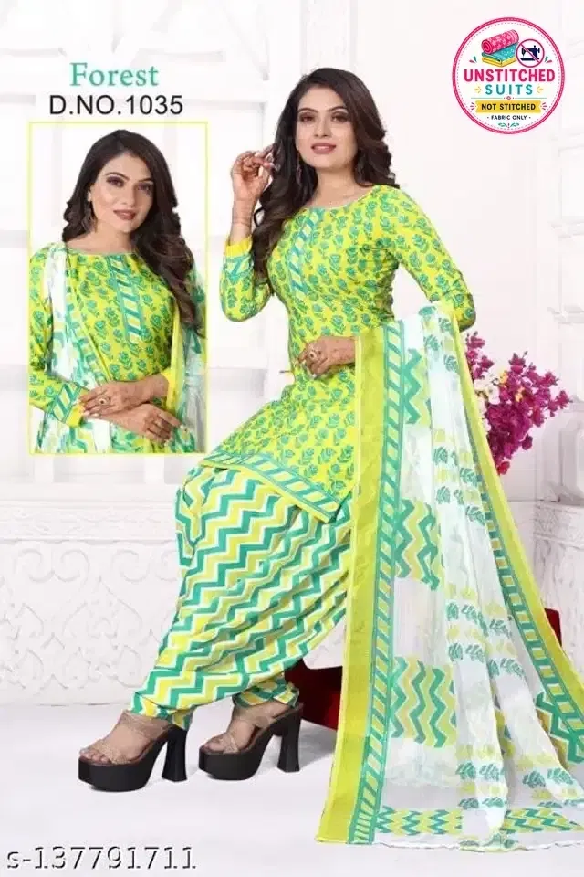 Synthetic Printed Unstitched Dress Material for Women & Girls (Lemon Green)