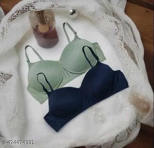 Cotton Solid Bra for Women & Girls, Olive & Blue, Pack of 2 (30A)