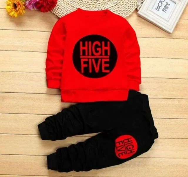Hosiery Printed Clothing Set for Kids (Red & Black, 12-18 Months)