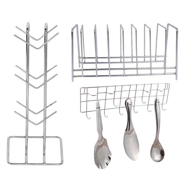 Stainless Steel Cup Stand & Plate Stand & Hook Rail For Kitchen (Set of 3) (OC-011)