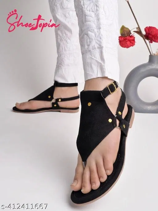 Shoetopia Black Suede Flat Sandals Size IND-6