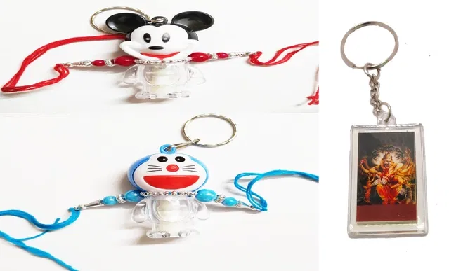 Plastic Doraemon & Mickey Light Kids Rakhi with Narsigh Bhagwan Keychain (Multicolor, Pack of 3)