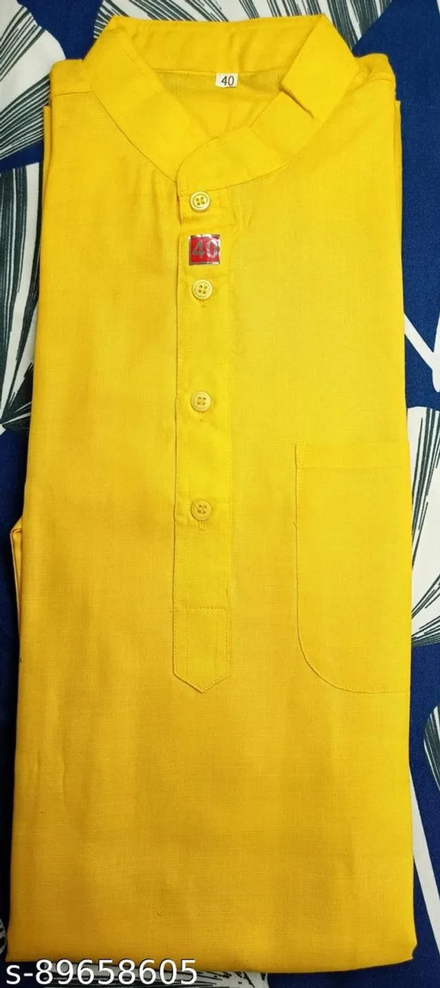 Cotton Solid Kurta for Men (Yellow, XXXL)