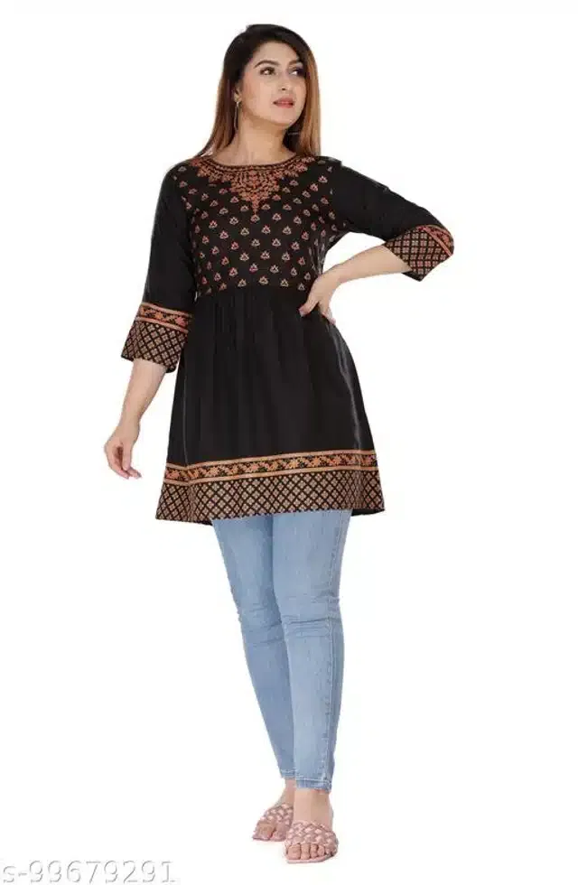 Anarkali Rayon Printed Kurti for Women (Black, XXL)