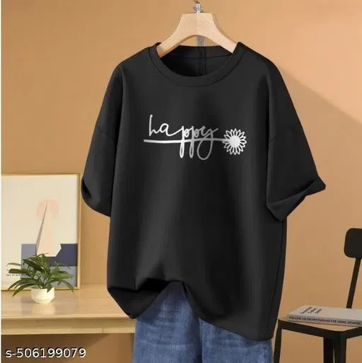 Cotton Blend Printed T-shirt for Women, Black (S)