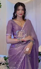 Organza Embellished Saree for Women, Purple 