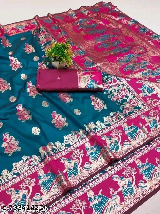 Kanjeevaram Saree for Women (Blue, Free Size)
