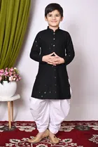 Rayon Cotton Embellished Kurta with Dhoti for Boys, Black & White 