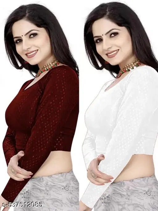 Lycra Ready Made Blouse for Women, Maroon & White, Pack of 2 (30)