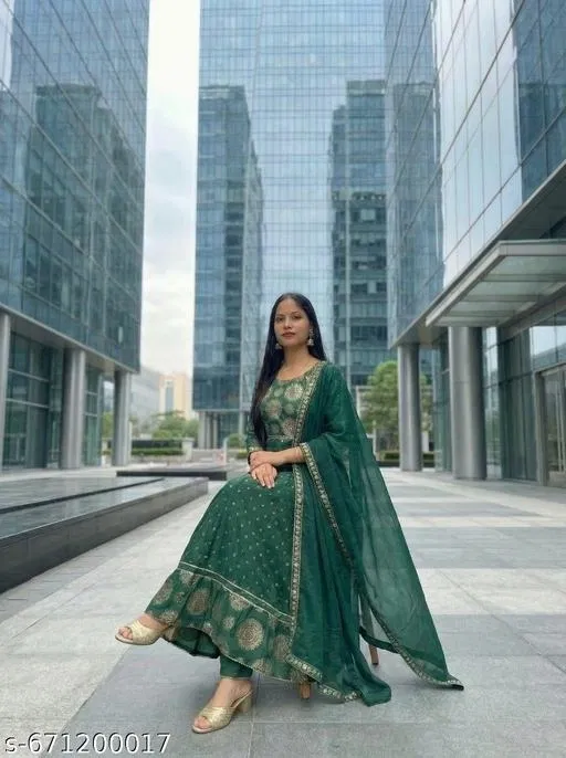 Rayon embroidered Anarkali Kurta Set for Women ( Green,L )