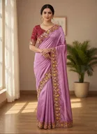 Bollywood Pink Chiffon/Satin Embroidered Saree for Women