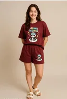 Cotton Blend Printed Top & Bottom Set for Women, Maroon 