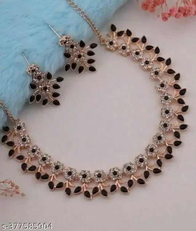Alloy Necklace with Earrings for Women (Black & Gold, Set of 1)