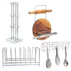 Oc9 स्टेनलेस स्टील चकला बेलन स्टैंड & कप स्टैंड & प्लेट स्टैंड & वॉल माउंटेड लैडल हुक रेल फॉर किचन 