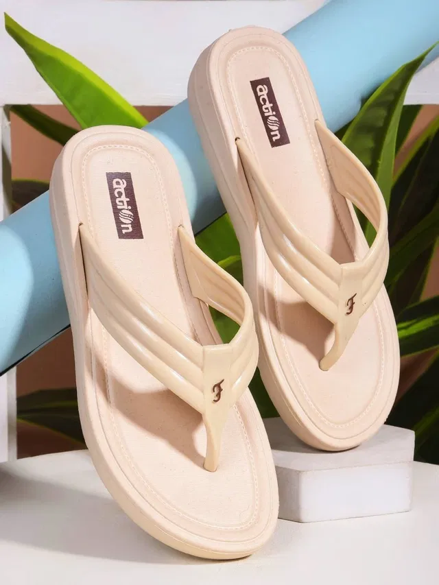 action Casual Flip Flops for Women (Beige, 4)