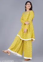 Rayon Printed Kurti with Palazzo for Women (Yellow, M)