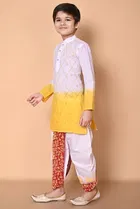 Cotton Embellished Kurta with Dhoti for Boys, Yellow & White 