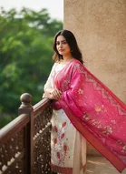Cotton Silk Embellished Unstitched Suits Fabric for Women, White & Pink