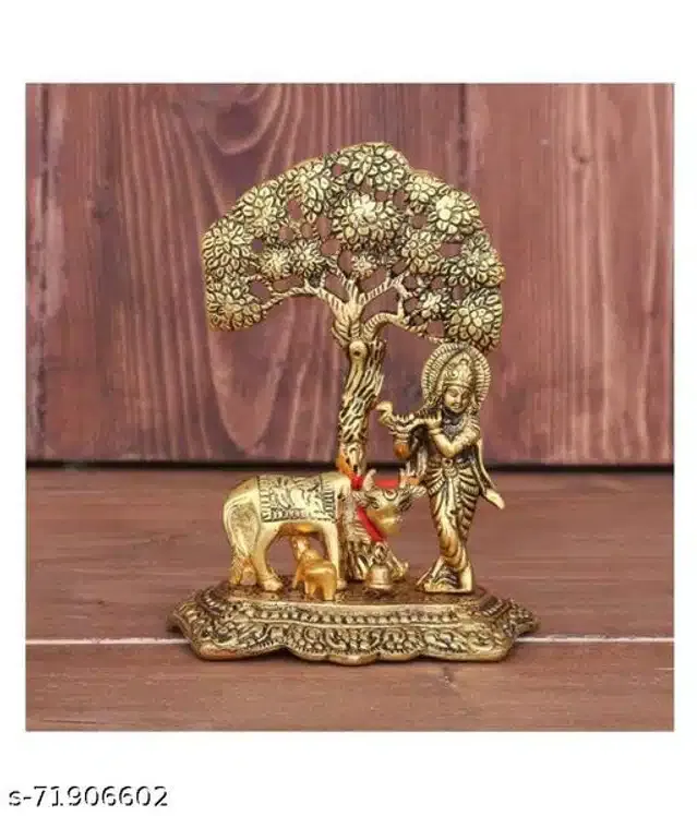 Metal Krishna with Cow Idol (Golden)