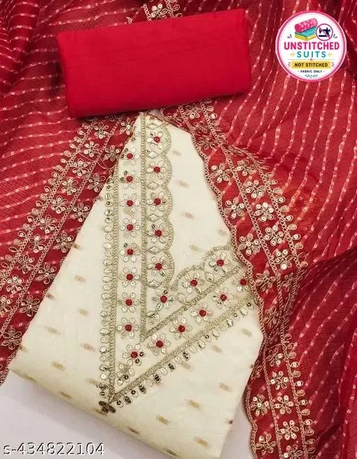 चंदेरी सिल्क कढ़ाईदार अनस्टिच्ड सूट महिलाओं के लिए (क्रीम)