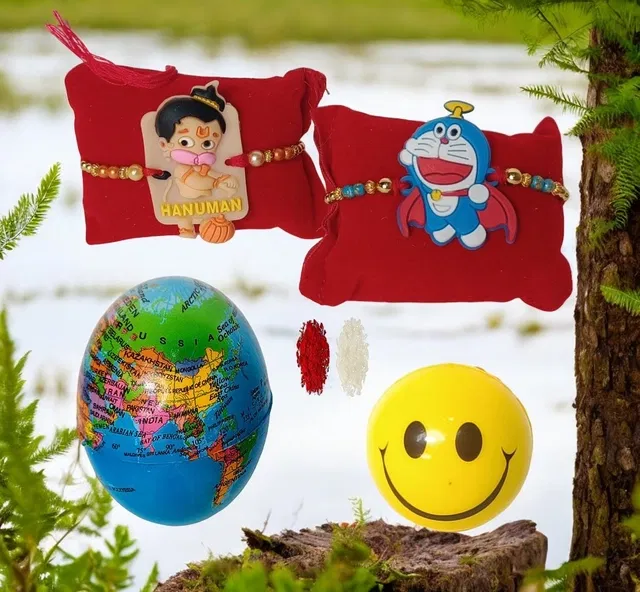 Synthetic 2 Pcs Rakhi with Smiley Ball & Glob Ball (Multicolor, Set of 1)