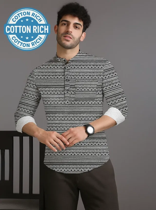 Cotton Printed Short Kurta for Men (Grey, XL)