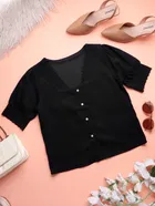 Cotton Blend Solid Top for Women (Black, S)
