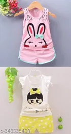 Hosiery Cotton Sleeveless Top & Bottom Clothing Set for Girls 