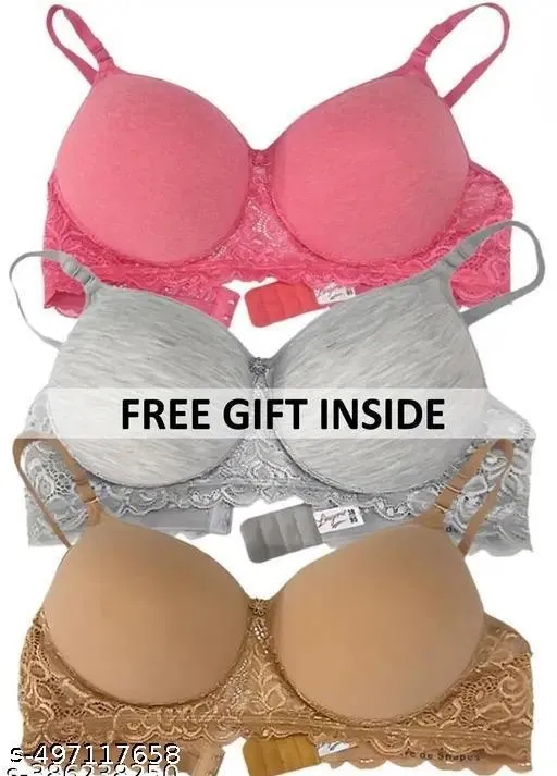 Cotton Blend Solid Bra for Women & Girls, Multicolour, Pack of 3 (36A)