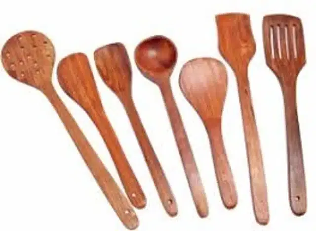 Serving and Cooking Spoon Spatula Set (Brown, Set of 7)
