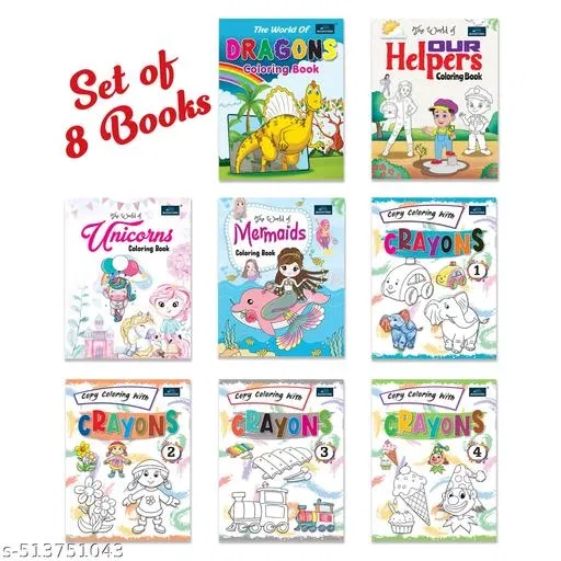 Bookford Exciting Combo set Coloring book for kids - Set of 8 books - Our Helpers, Dragons, and many more